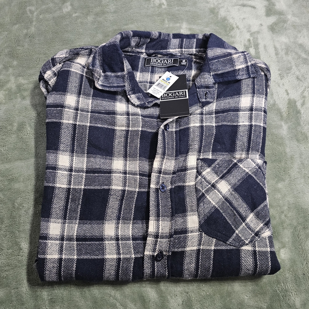 Bogari Men's Blue and White Plaid Casual Shirt